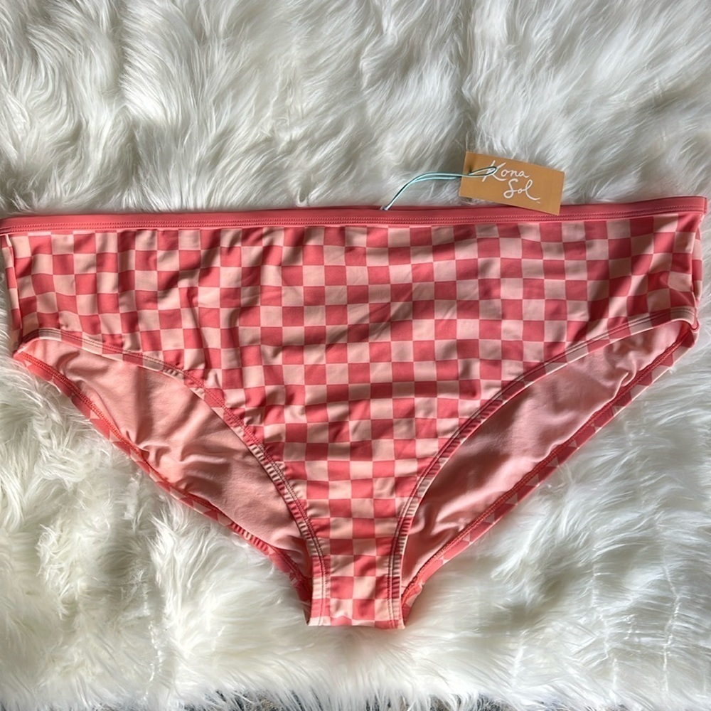 🆕Kona Sol Women’s Bikini Bottom Checkered Coral Pink Color Size 3X